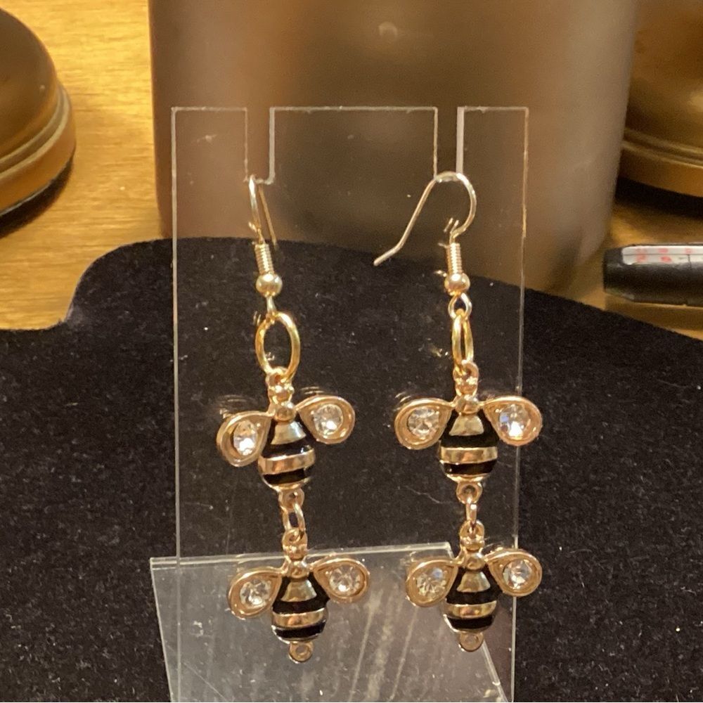 Gold Bee Dangle Earrings with Black Enamel Stripes